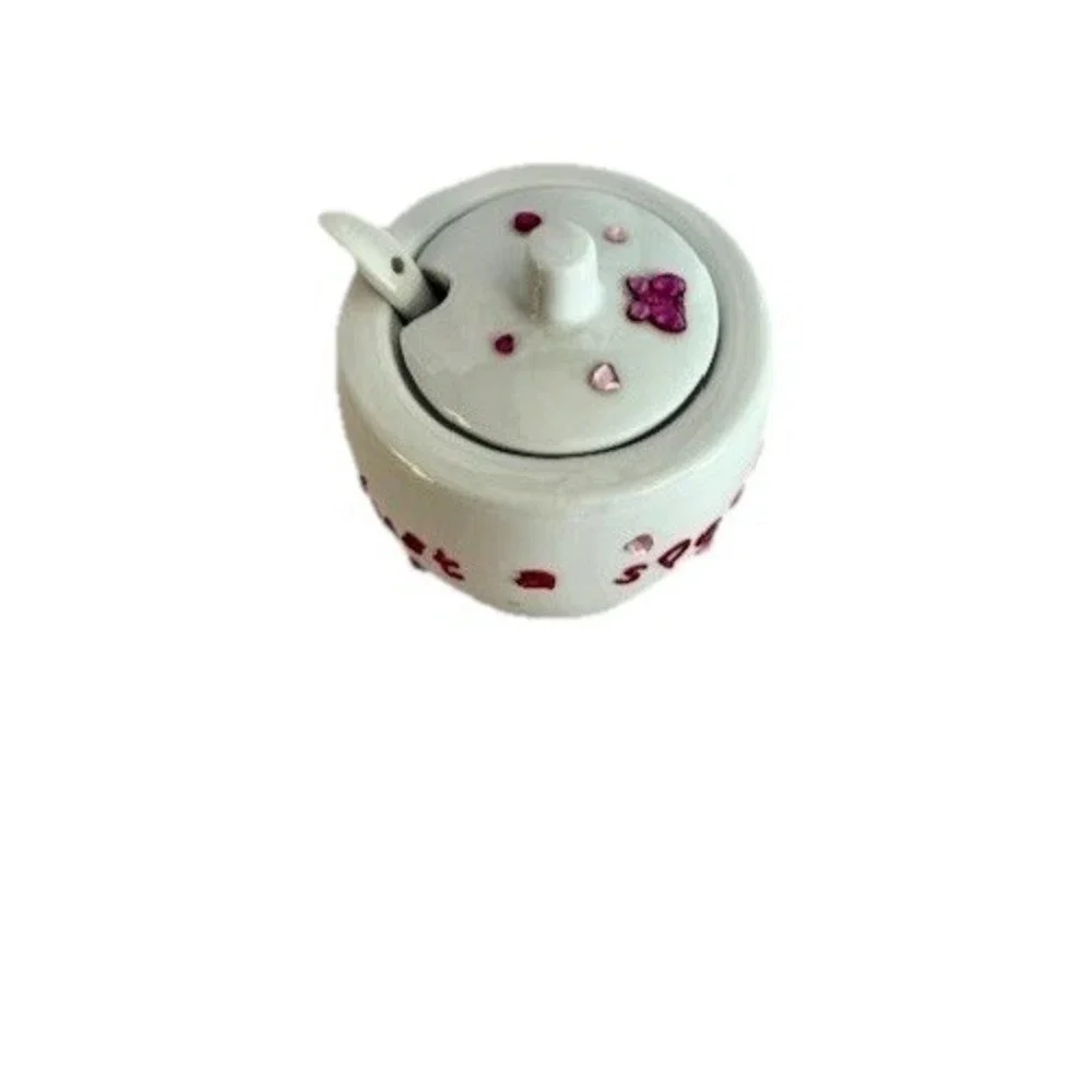 Crate & Barrel Ceramic Sugar Bowl w/ Lid & Spoon - White Red Lettering